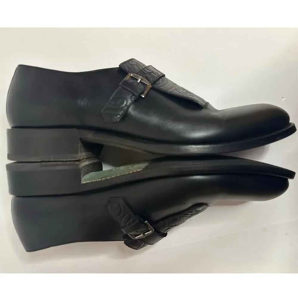 Etro Monk Strap Glossed Black Leather Shoes IT 44 US 11 Loafers Buckle Paisley